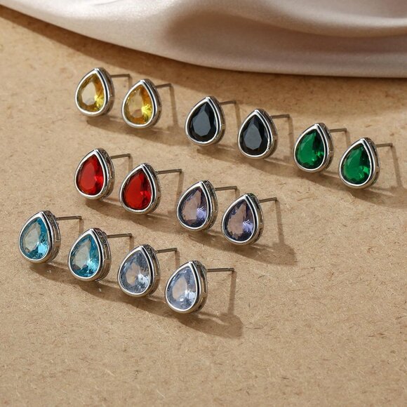 Set of 7 Multicolor Sterling Silver WaterDrop Stud Earrings with AAA CZ for Wome - Picture 3 of 7